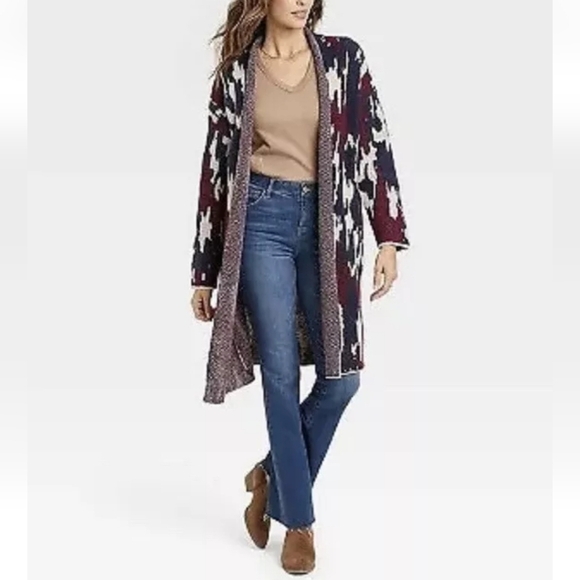 Women's Knox Rose Open Front Duster Cardigan Sweater Camo Navy & Red Size M - Picture 3 of 11